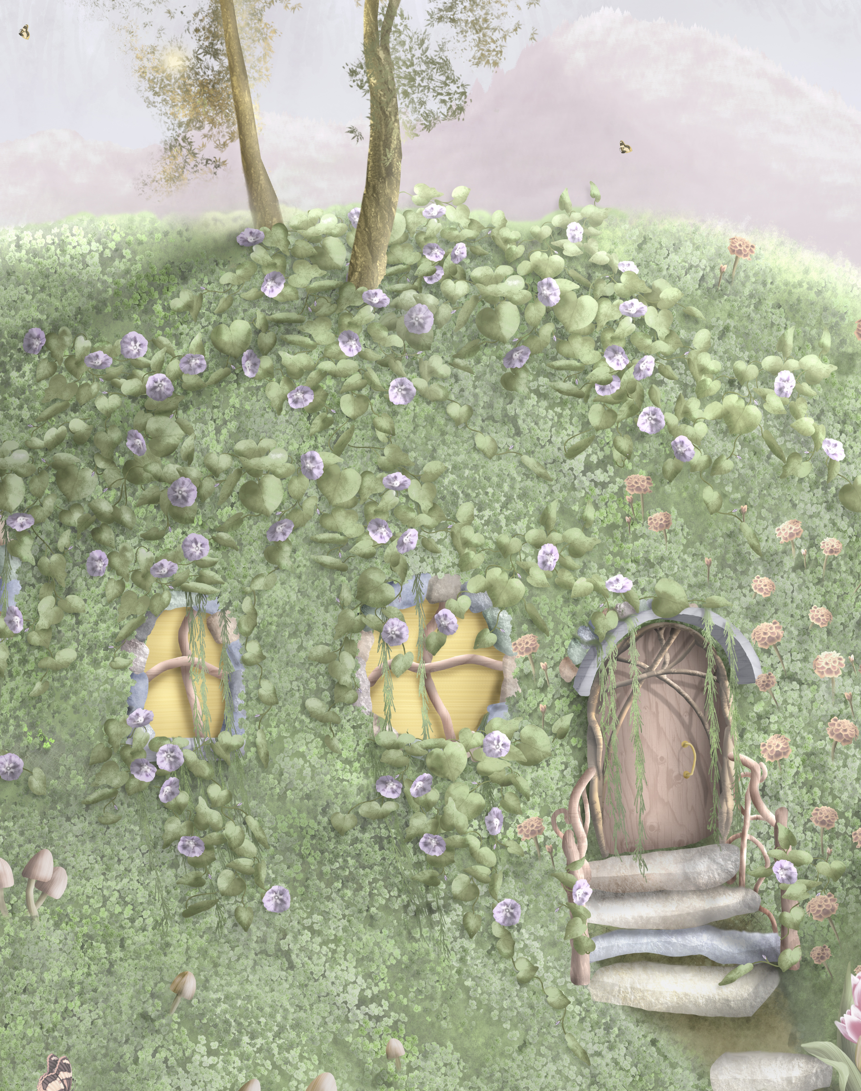 Girls fairytale wallpaper bedroom mural with unicorns, flowers, fairy houses. Commercial Vinyl wallpaper