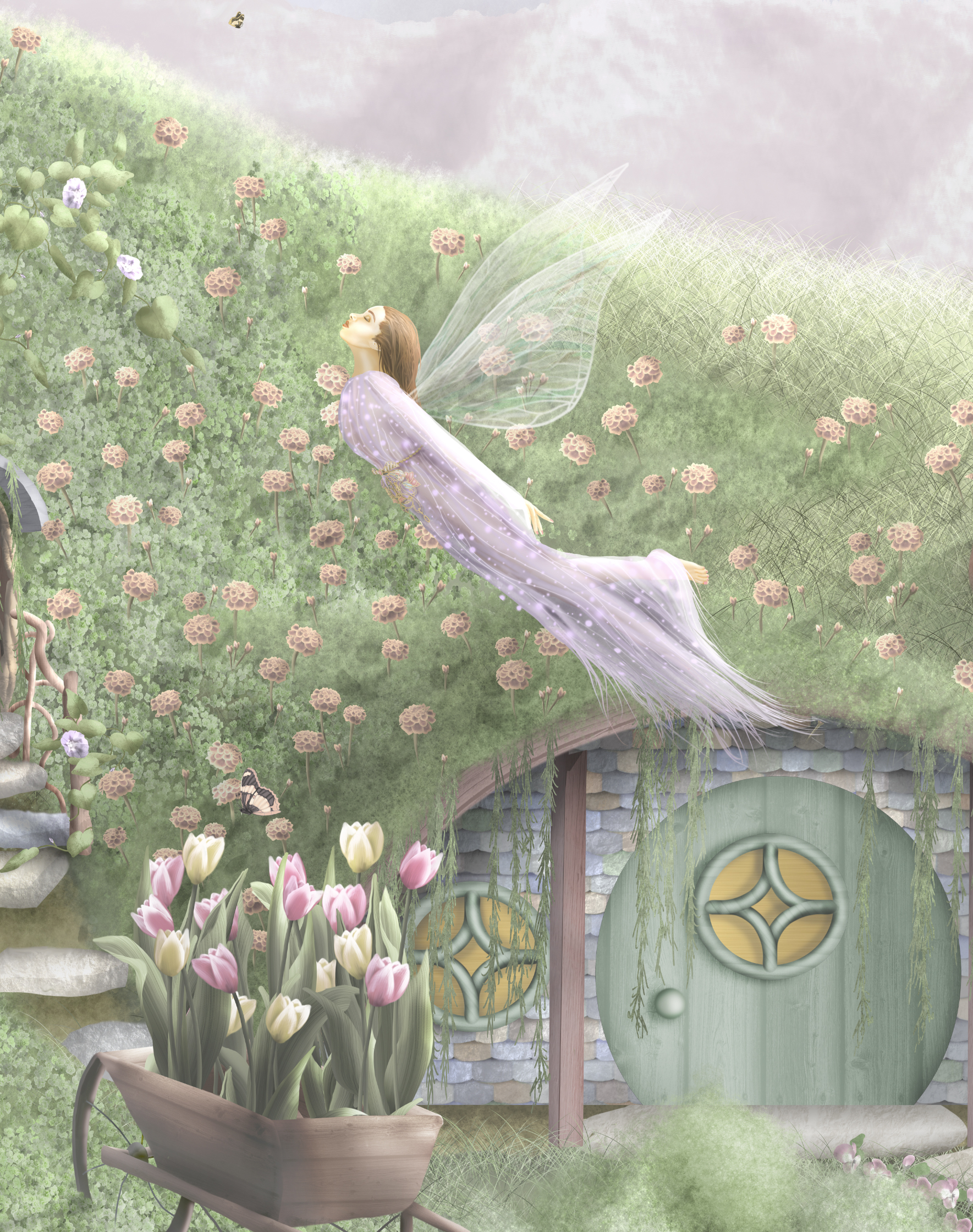Girls fairytale wallpaper bedroom mural with unicorns, fairy houses. Commercial Vinyl wallpaper